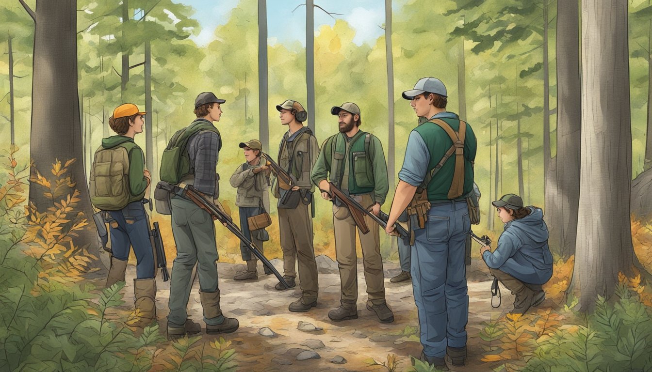 A group of young hunters learning outdoor skills in a forested area of New York, with instructors teaching firearm safety and wildlife conservation