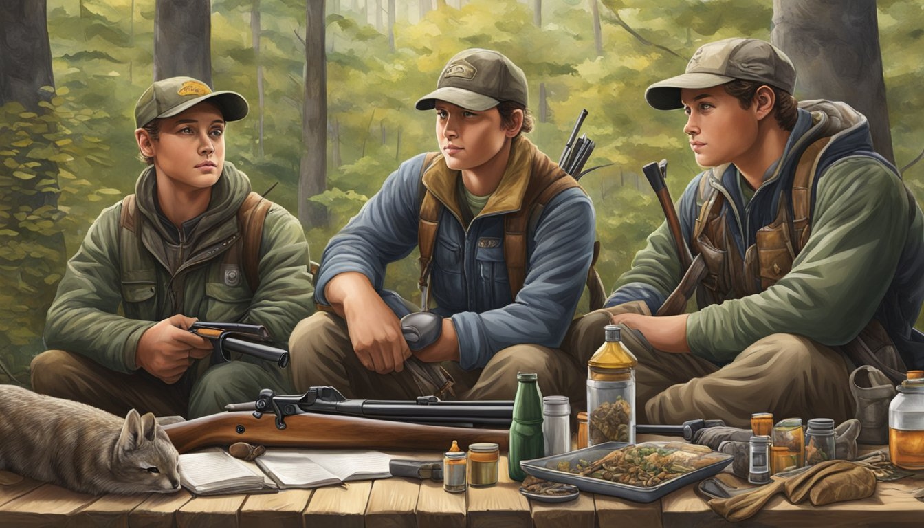 A group of young hunters in Iowa, surrounded by nature, with hunting gear and resources spread out on a table