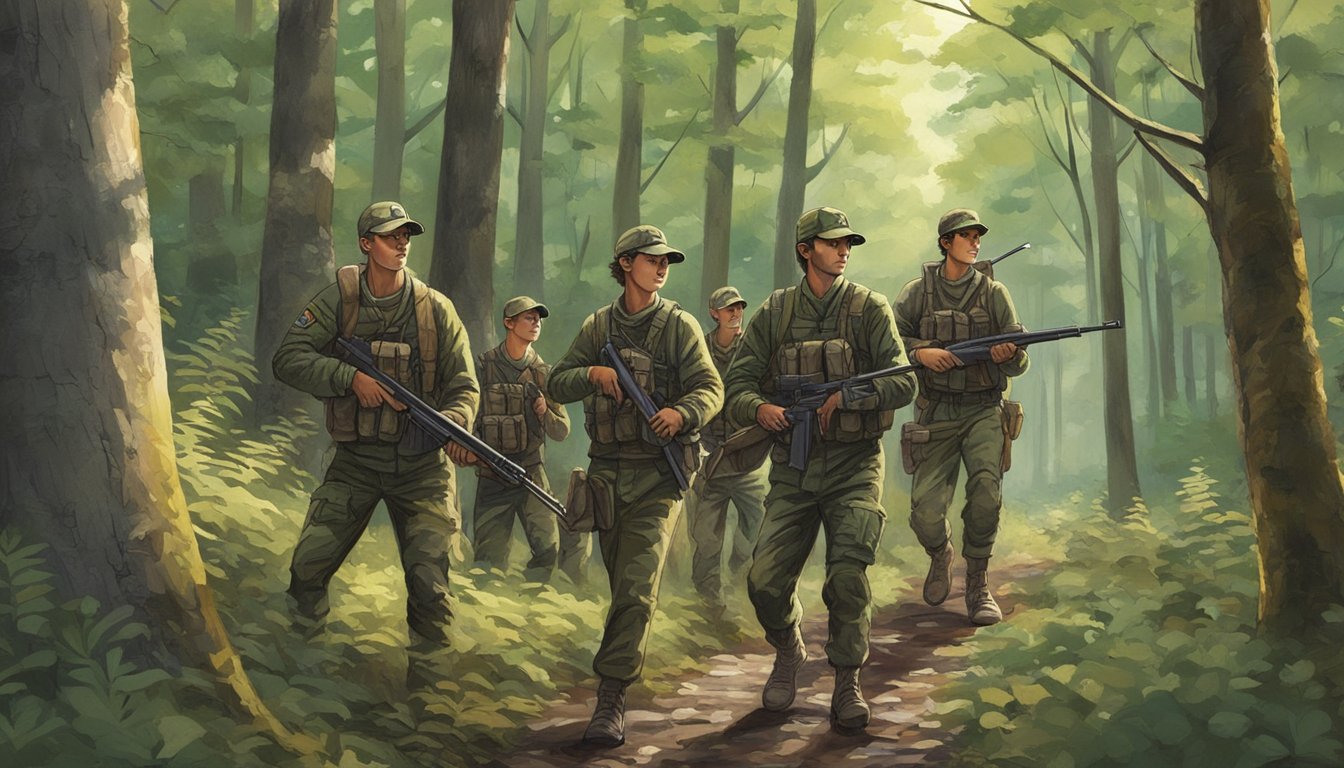 A group of young hunters in camouflage gear trek through a dense forest in upstate New York, rifles in hand, as they search for game