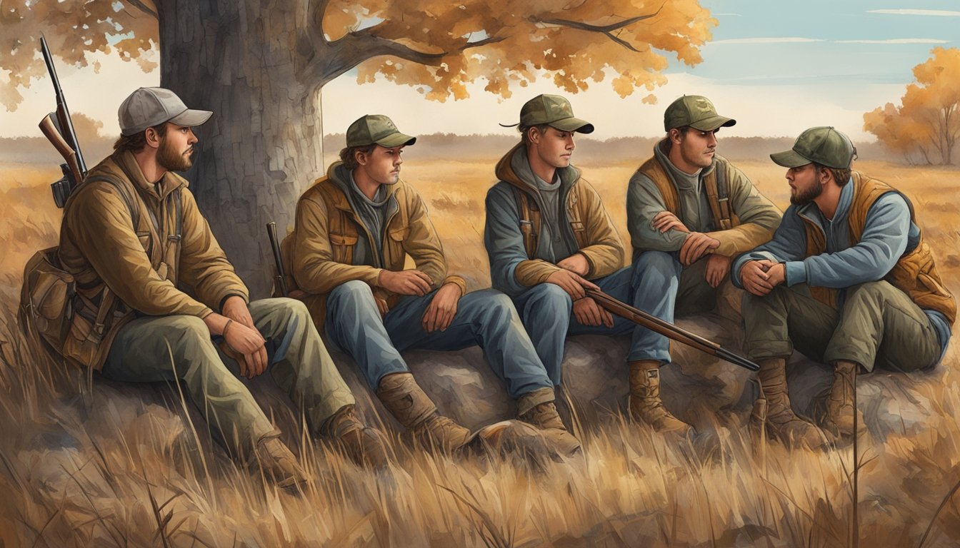 A group of young hunters in Kansas, preparing for the upcoming hunting season, strategizing and discussing their plans in the midst of the changing seasons