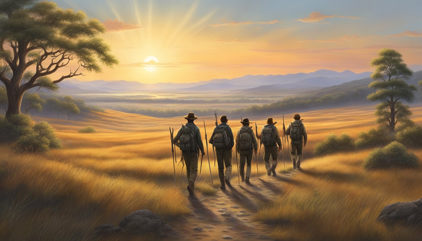 A group of young hunters trek through a vast, open prairie, surrounded by rolling hills and dense woodland, with the sun rising in the distance