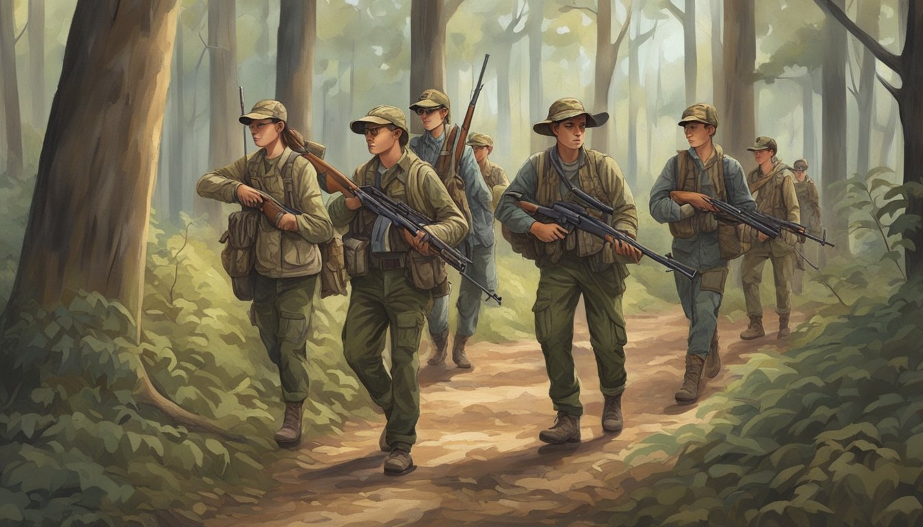 A group of young hunters in Louisiana, dressed in camouflage, carrying rifles, and walking through a wooded area on a hunting expedition