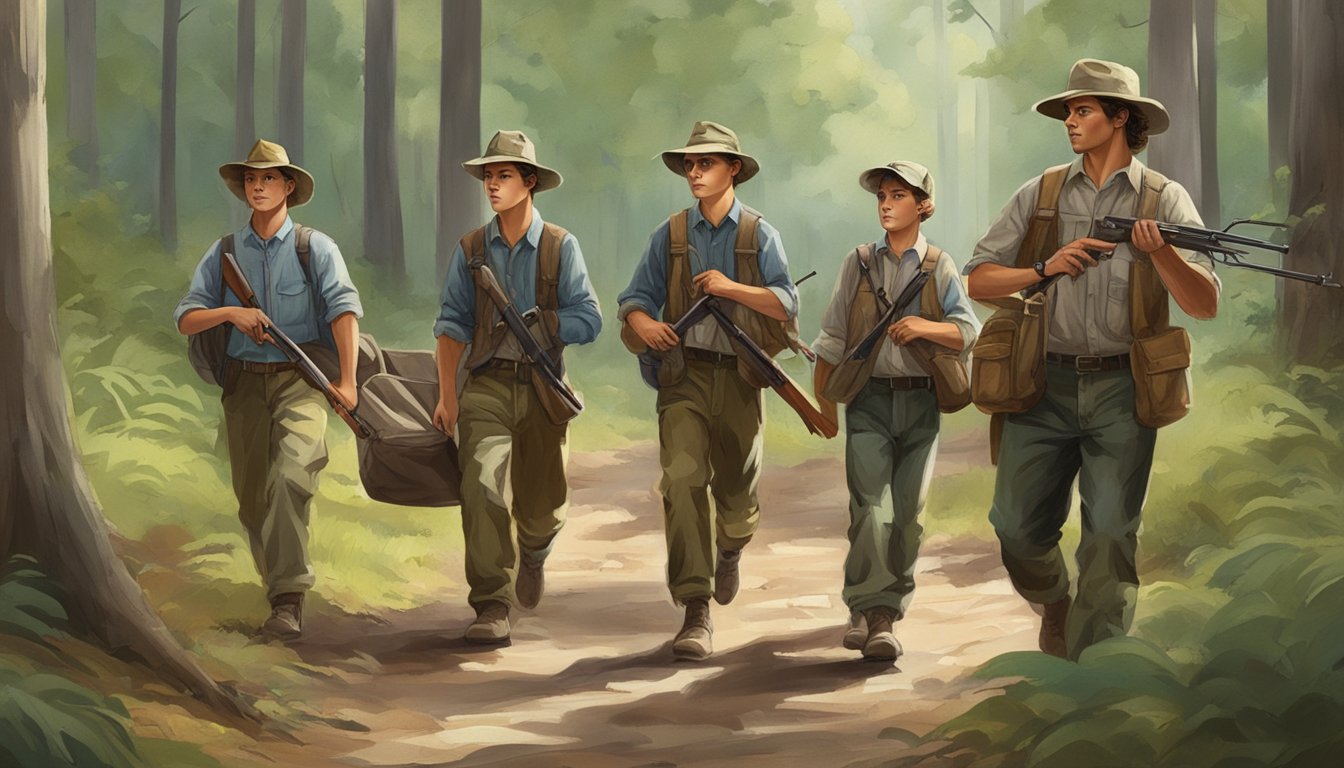 A group of young hunters, accompanied by adult supervisors, navigate through a wooded area, carrying their hunting gear and following the regulations set by the Louisiana legal framework