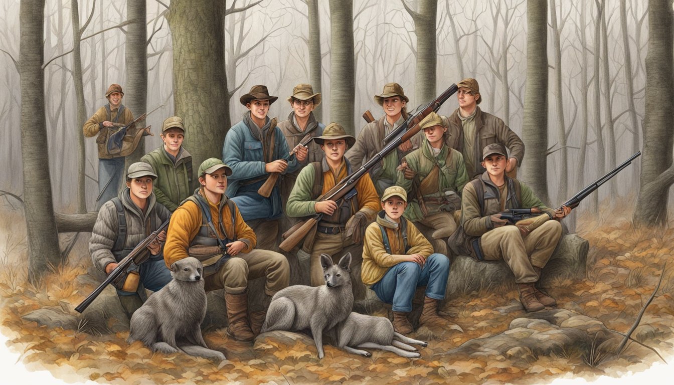 A group of young hunters in Ohio, surrounded by trees and wildlife, following hunting regulations