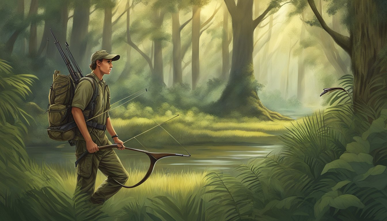 A young hunter in Louisiana stalking prey with a bow, surrounded by native wildlife in a lush forest setting