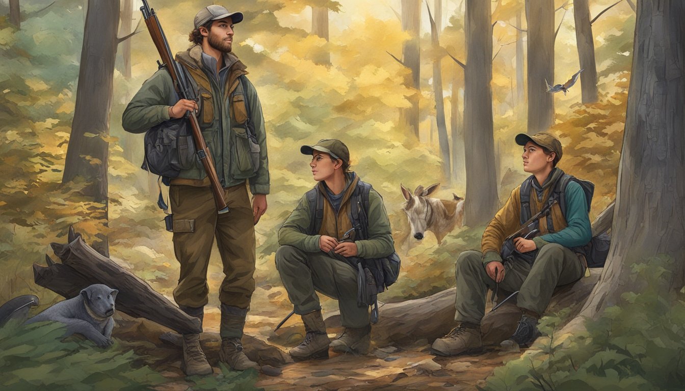 A group of young hunters with their mentors in a wooded area, surrounded by wildlife and hunting gear