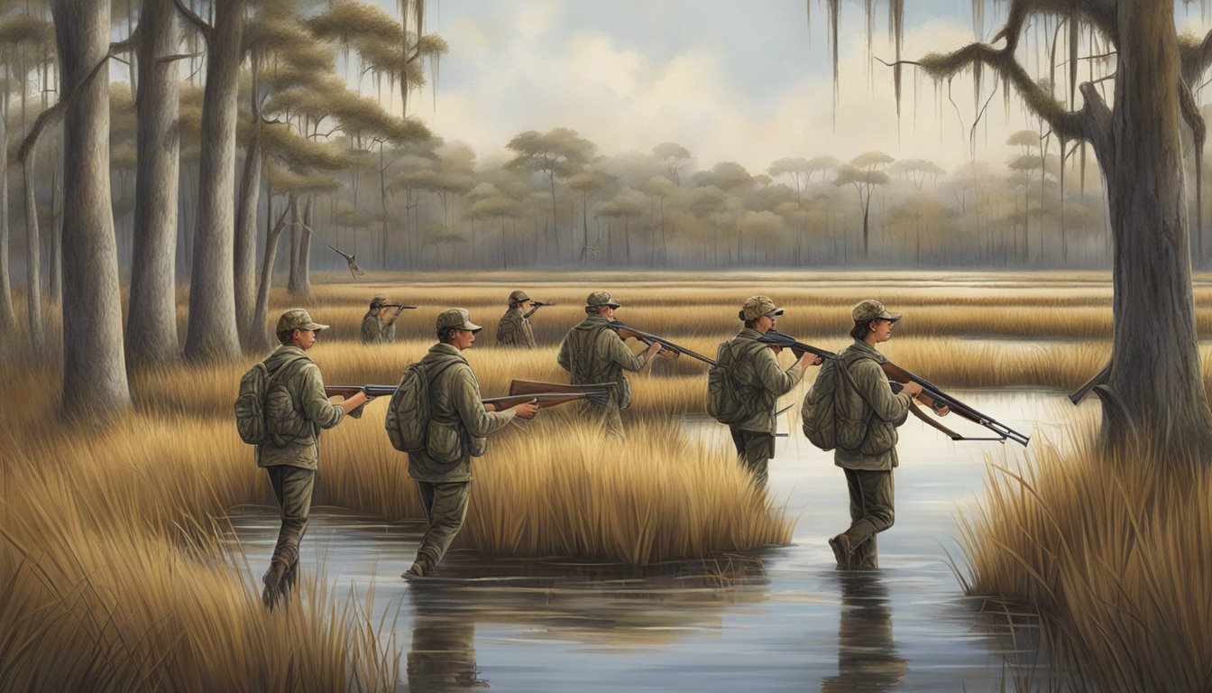 A group of young hunters in Louisiana, dressed in camouflage, carrying rifles, and walking through a marshy area with cypress trees and waterfowl in the distance