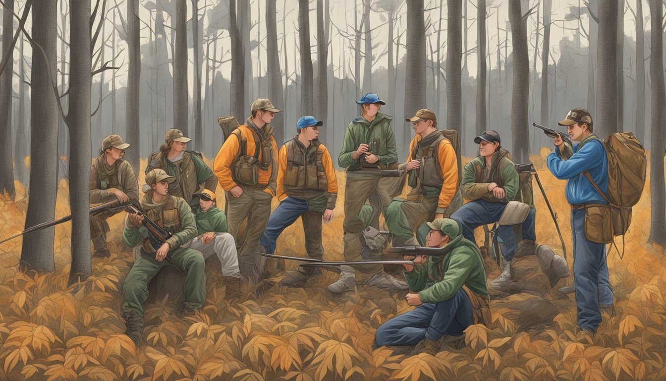 A group of young hunters in Ohio participating in a wildlife conservation and management program, surrounded by trees and wildlife