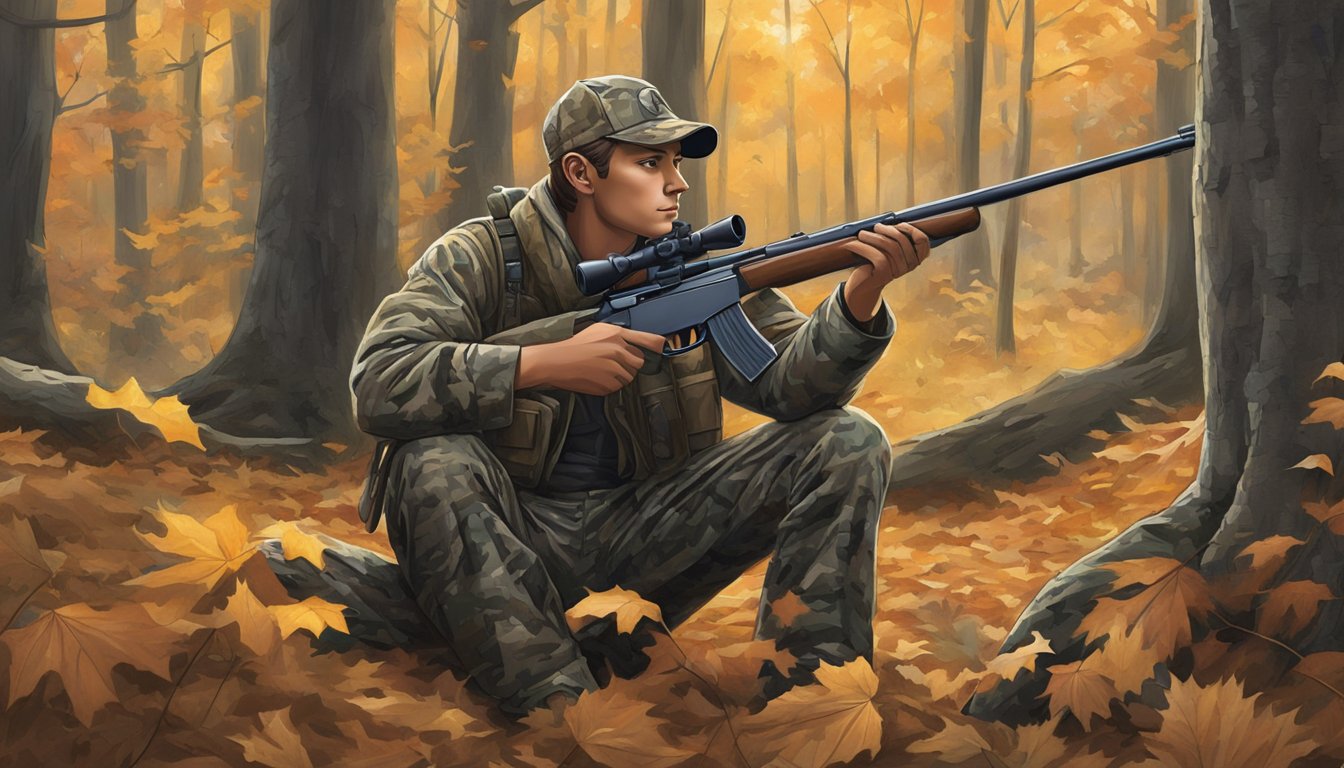 A young deer hunter in Ohio, camouflaged and holding a rifle, quietly waits in a wooded area, surrounded by trees and fallen leaves