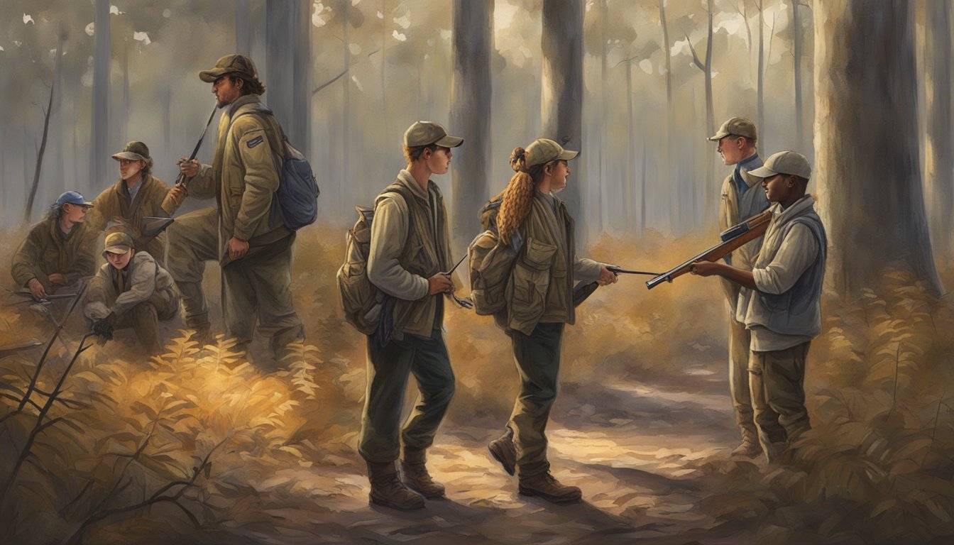 A group of young hunters in Louisiana receiving guidance and support from experienced mentors in a wooded hunting area