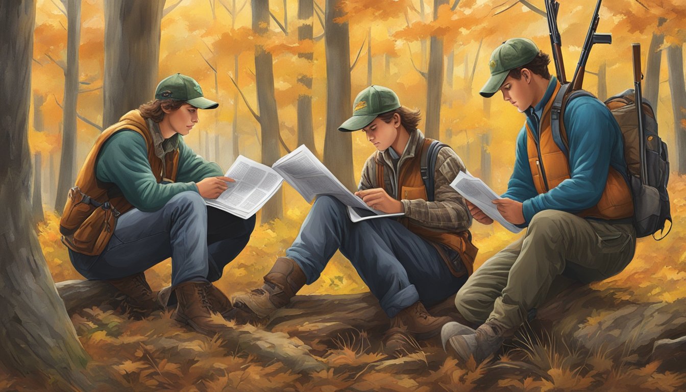 A group of young hunters studying a booklet on Pennsylvania hunting regulations, surrounded by trees and wildlife