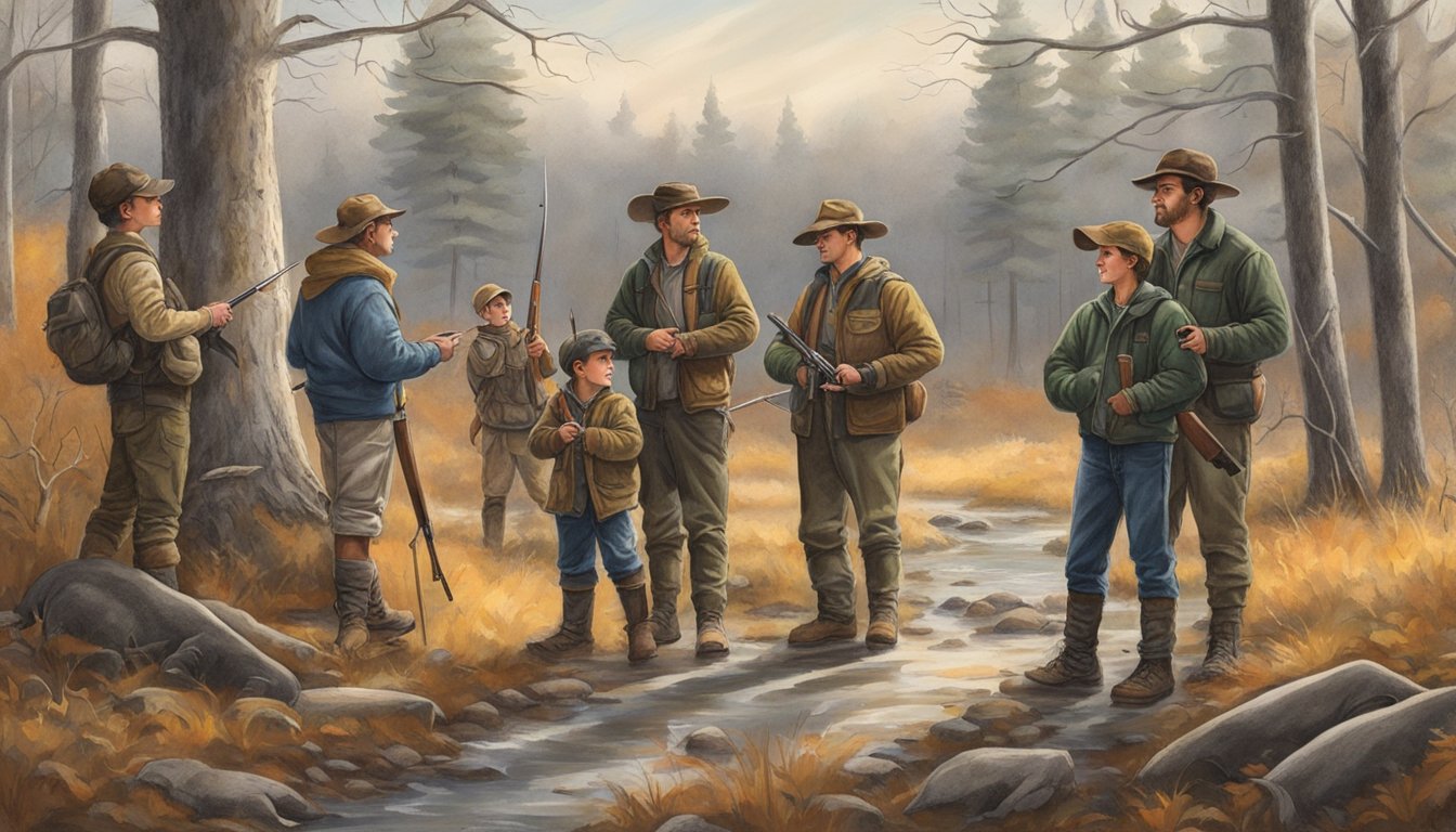 A group of young hunters, accompanied by adults, gather at a Massachusetts wildlife office to obtain licensing and permits for their upcoming hunting trip