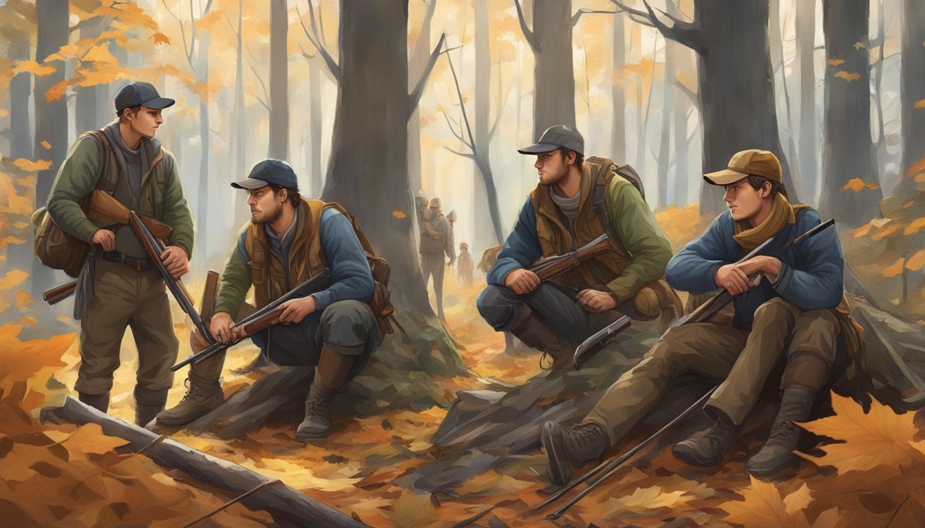 A group of young hunters gather their gear and rifles in a forest clearing, surrounded by tall trees and fallen leaves