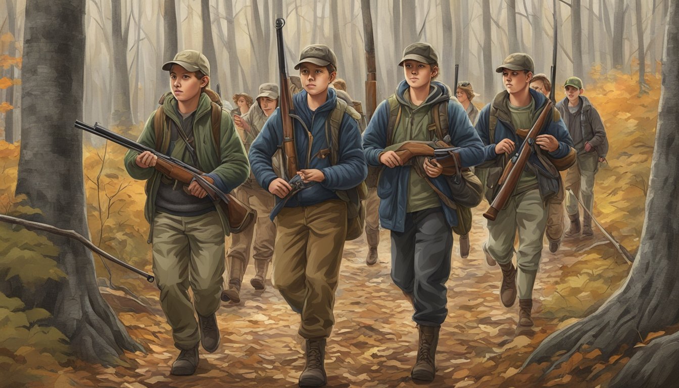 A group of young hunters in Massachusetts, carrying their gear and rifles, walking through the woods on a designated youth hunting day