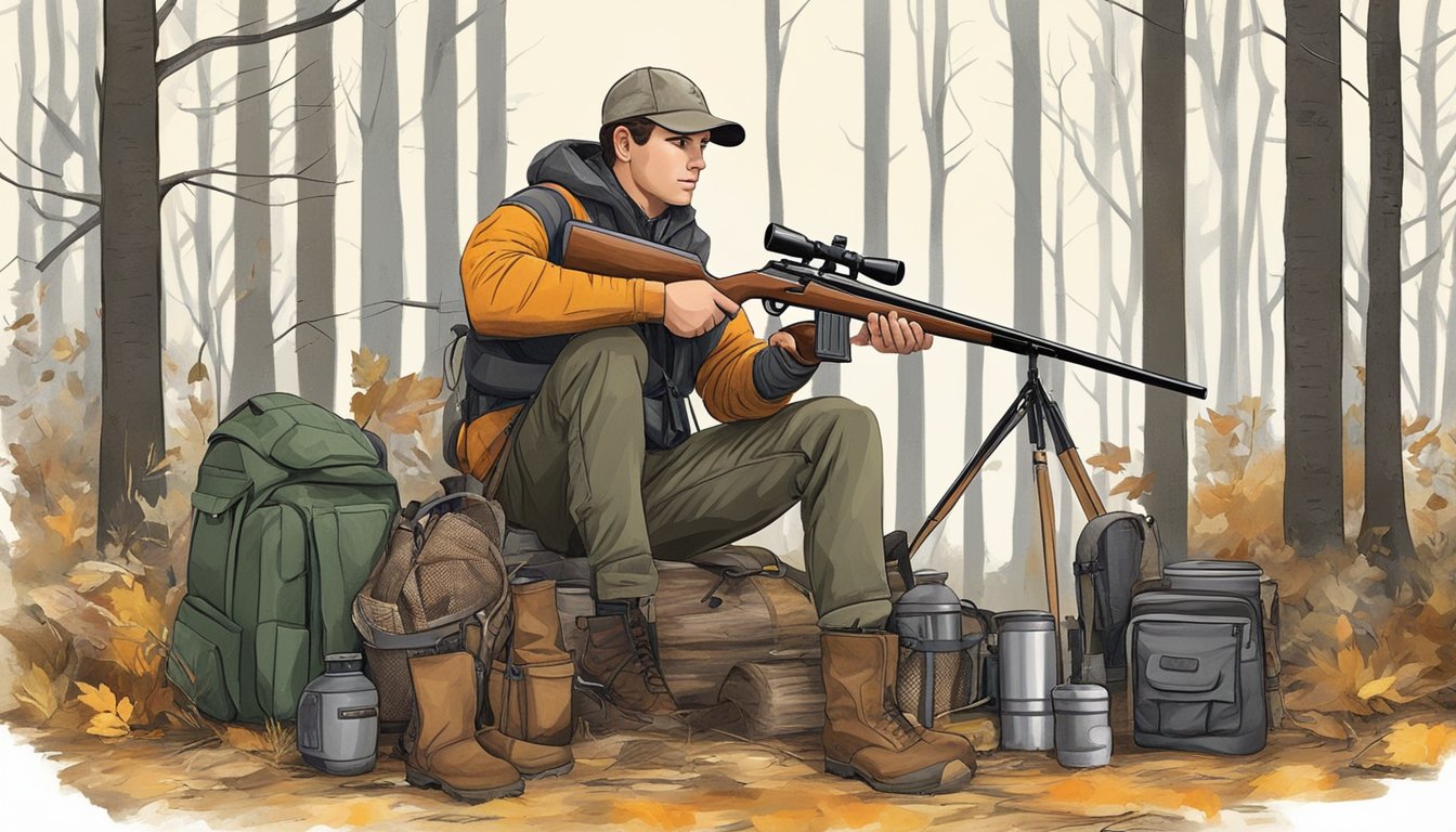 A young hunter in Pennsylvania, surrounded by hunting equipment and devices, prepares for a day in the woods