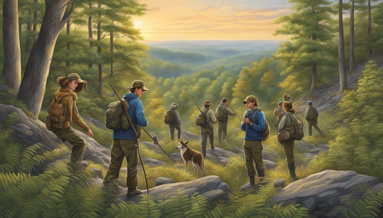 A group of young hunters in Pennsylvania's wilderness, surrounded by diverse wildlife and lush conservation areas