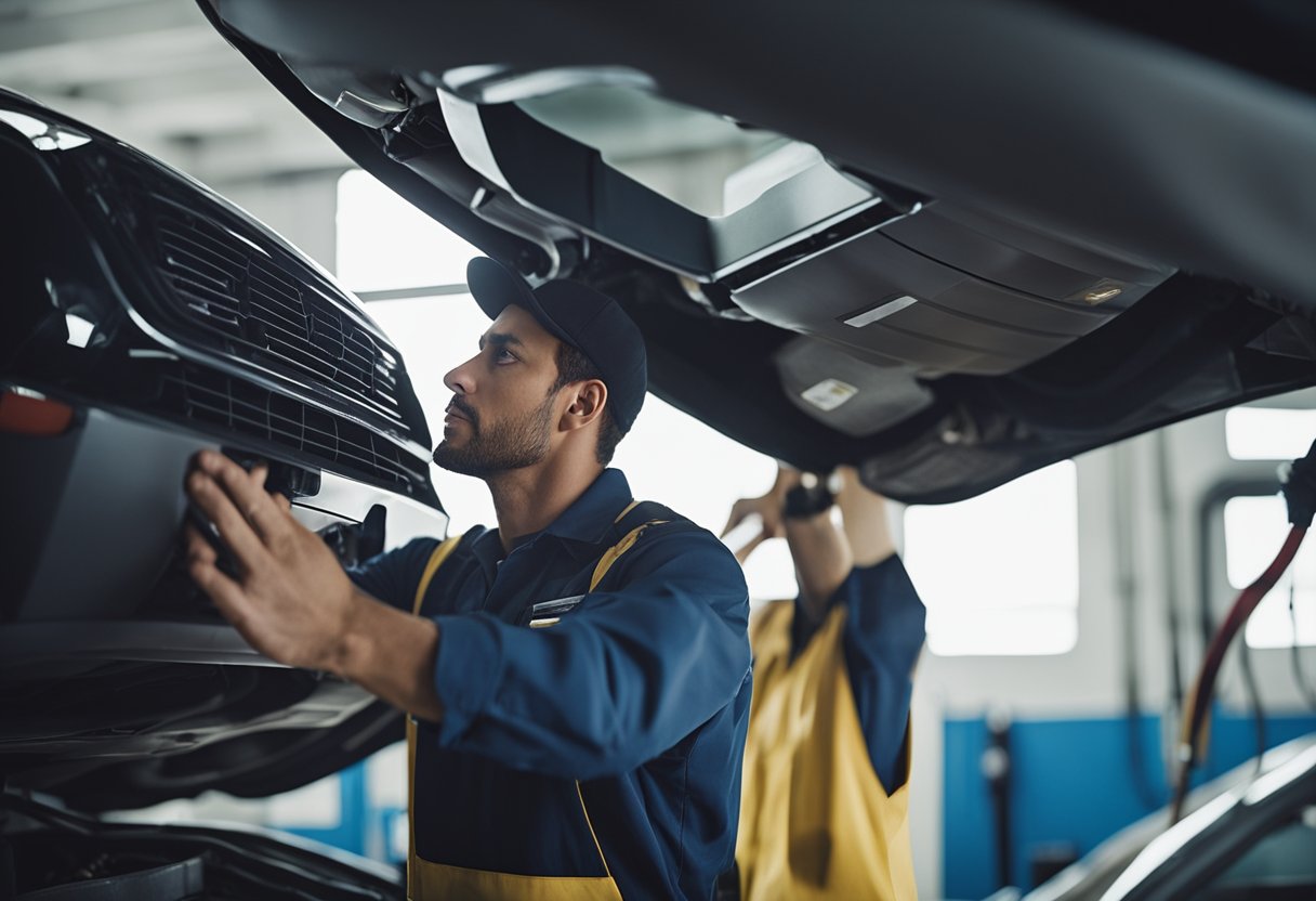 Um mecânico de automóveis realizando manutenção no sistema de ar condicionado de um carro, verificando se há problemas e garantindo que esteja limpo e funcionando corretamente.