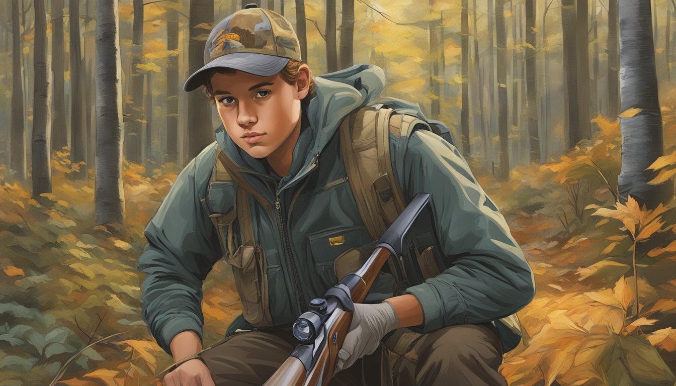 A young hunter in Massachusetts practices ethical hunting, following legal regulations in a wooded area