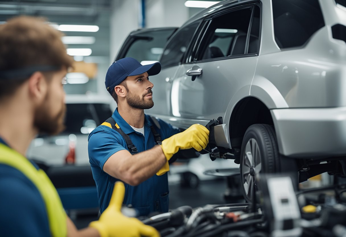 Um mecânico inspecionando e limpando o sistema de ar-condicionado de um carro, usando ferramentas e equipamentos especializados para garantir a manutenção adequada e prevenir problemas.