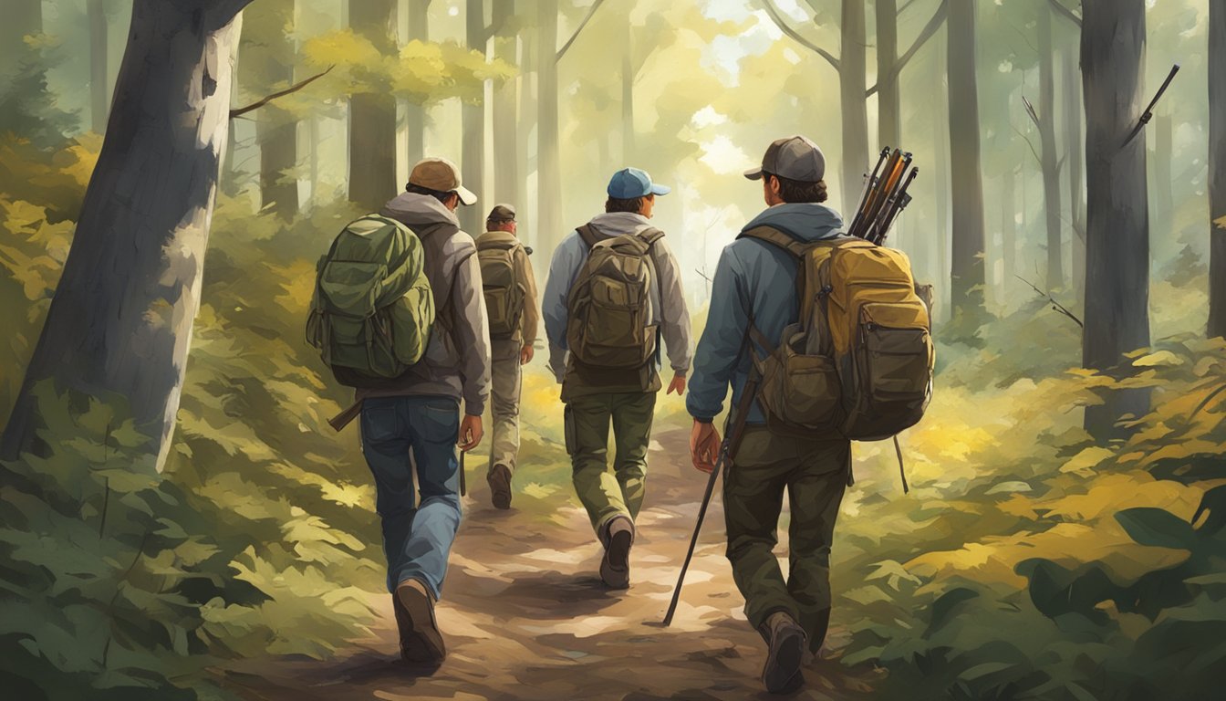 A group of young hunters walking through a wooded area, each carrying their gear and being mindful of their surroundings