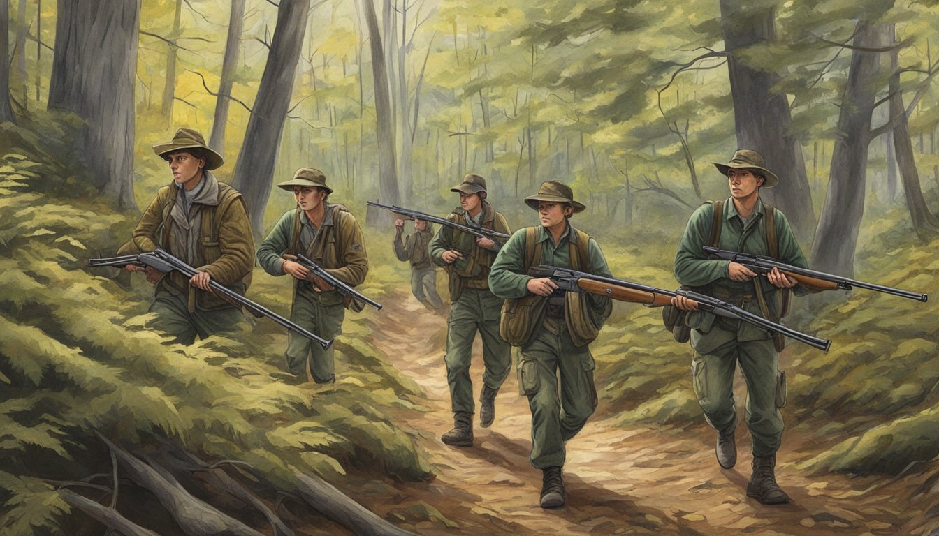 A group of young hunters trek through a forest in Massachusetts, rifles in hand, as they search for their prey