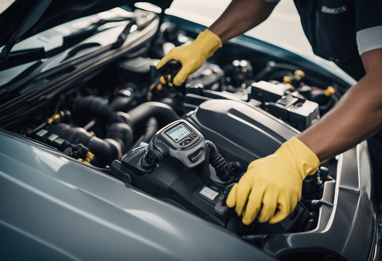 Um mecânico de automóveis limpa e substitui cuidadosamente os componentes do sistema de ar condicionado de um carro para prevenir problemas e odores desagradáveis.