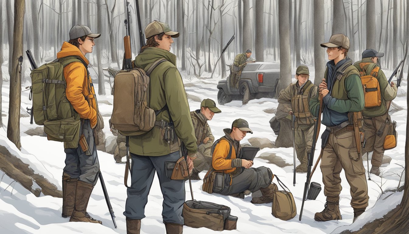 A group of young hunters gather gear and weapons in a wooded area, preparing for a hunt in Michigan