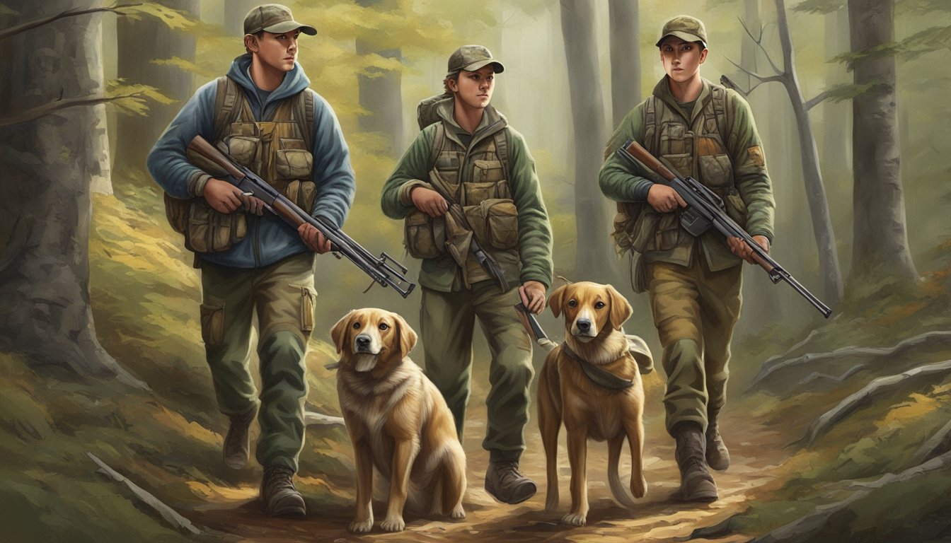 A group of young hunters in Massachusetts, carrying rifles and dressed in camouflage, trek through a dense forest with their hunting dogs