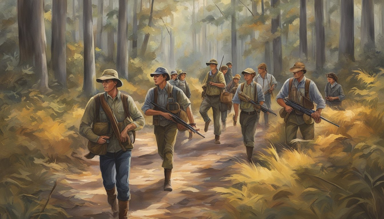 A group of young hunters, accompanied by adults, navigate through the South Carolina game zones, following the state's hunting regulations