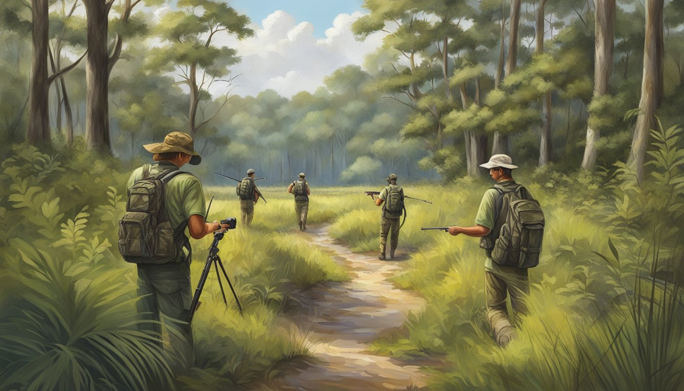 A group of young hunters explore the South Carolina Wildlife Management Areas and Private Lands, surrounded by lush vegetation and diverse wildlife