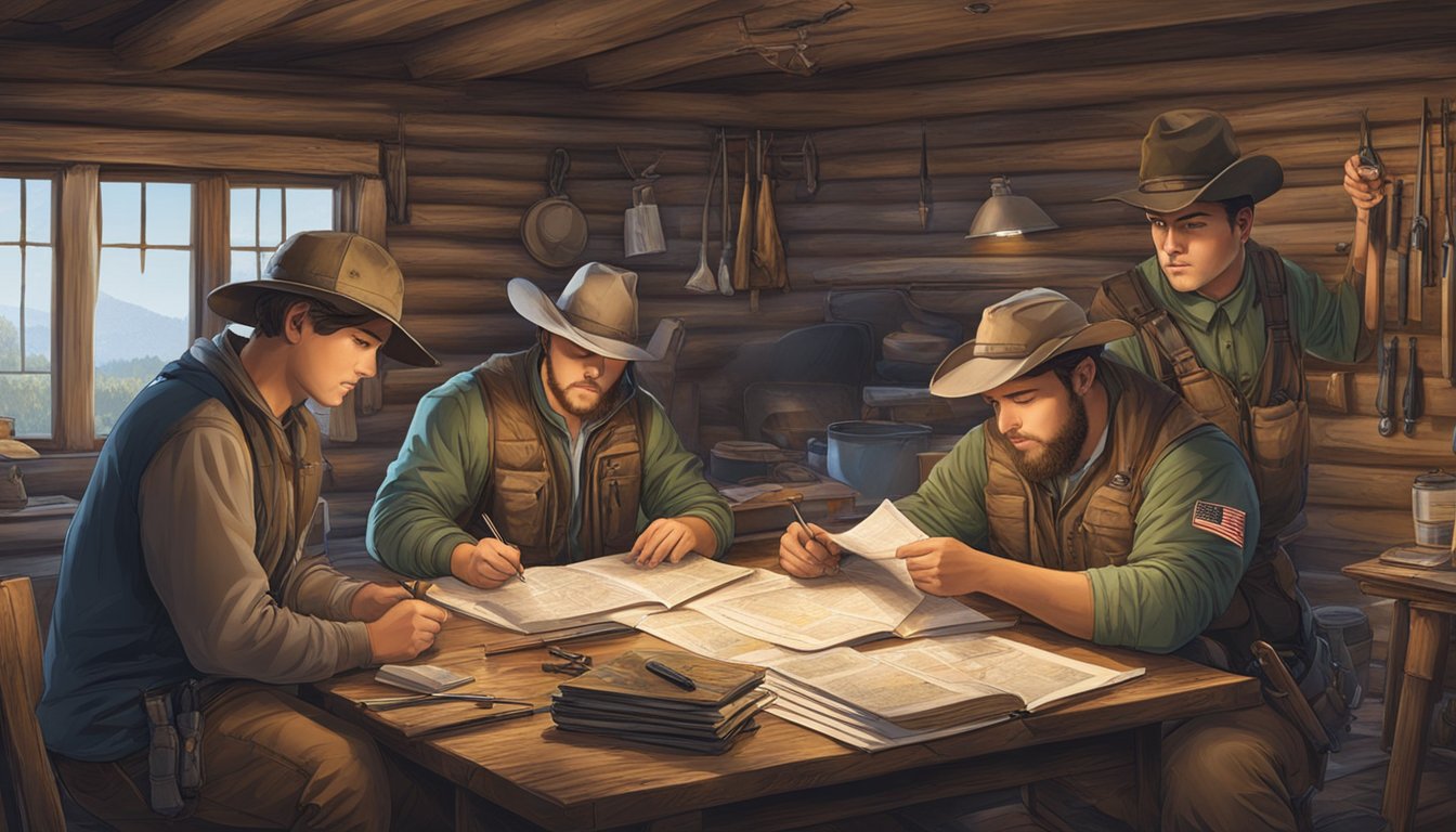 A group of young hunters and a mentor studying Mississippi hunting regulations in a rustic cabin with hunting gear and maps spread out on a table