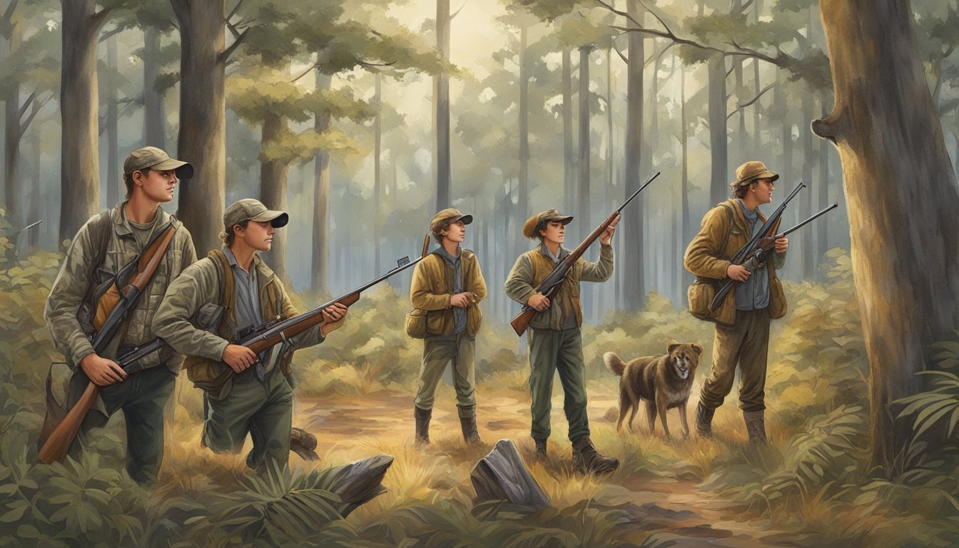 A group of young hunters in South Carolina, surrounded by trees and wildlife, with hunting gear and rifles, following the state's hunting seasons and limits