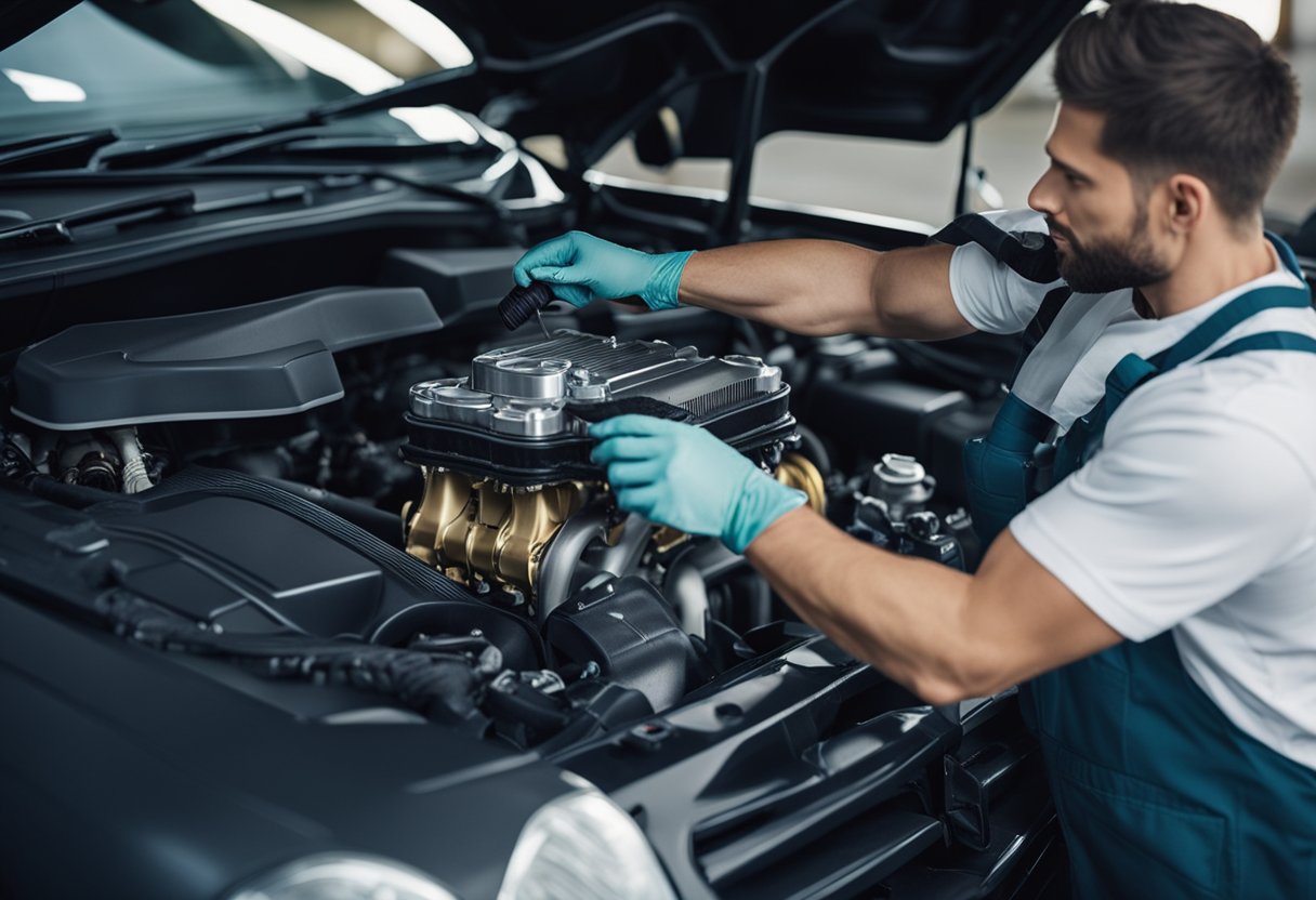 Um mecânico limpa cuidadosamente o motor de um carro com uma escova macia e um spray suave, garantindo que todos os componentes elétricos estejam cobertos.