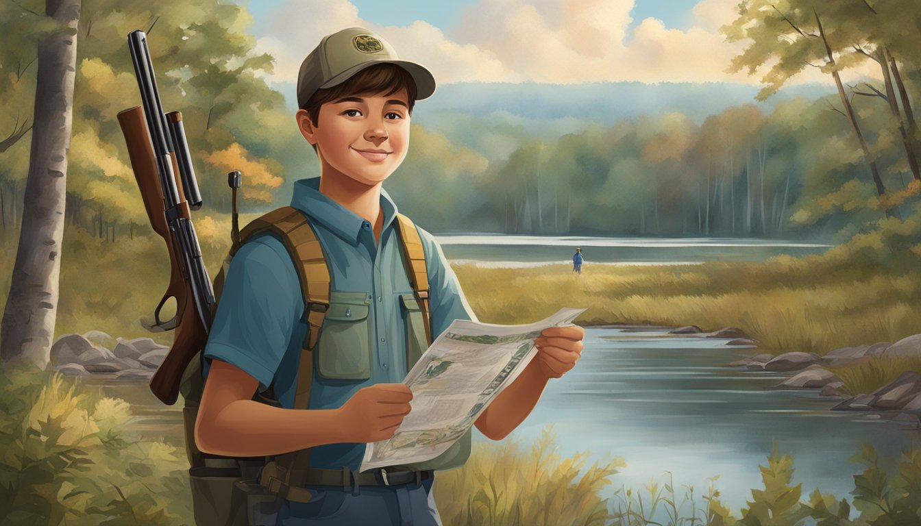 A young person holding a hunting license with a backdrop of Mississippi's natural landscape, including forests, rivers, and wildlife