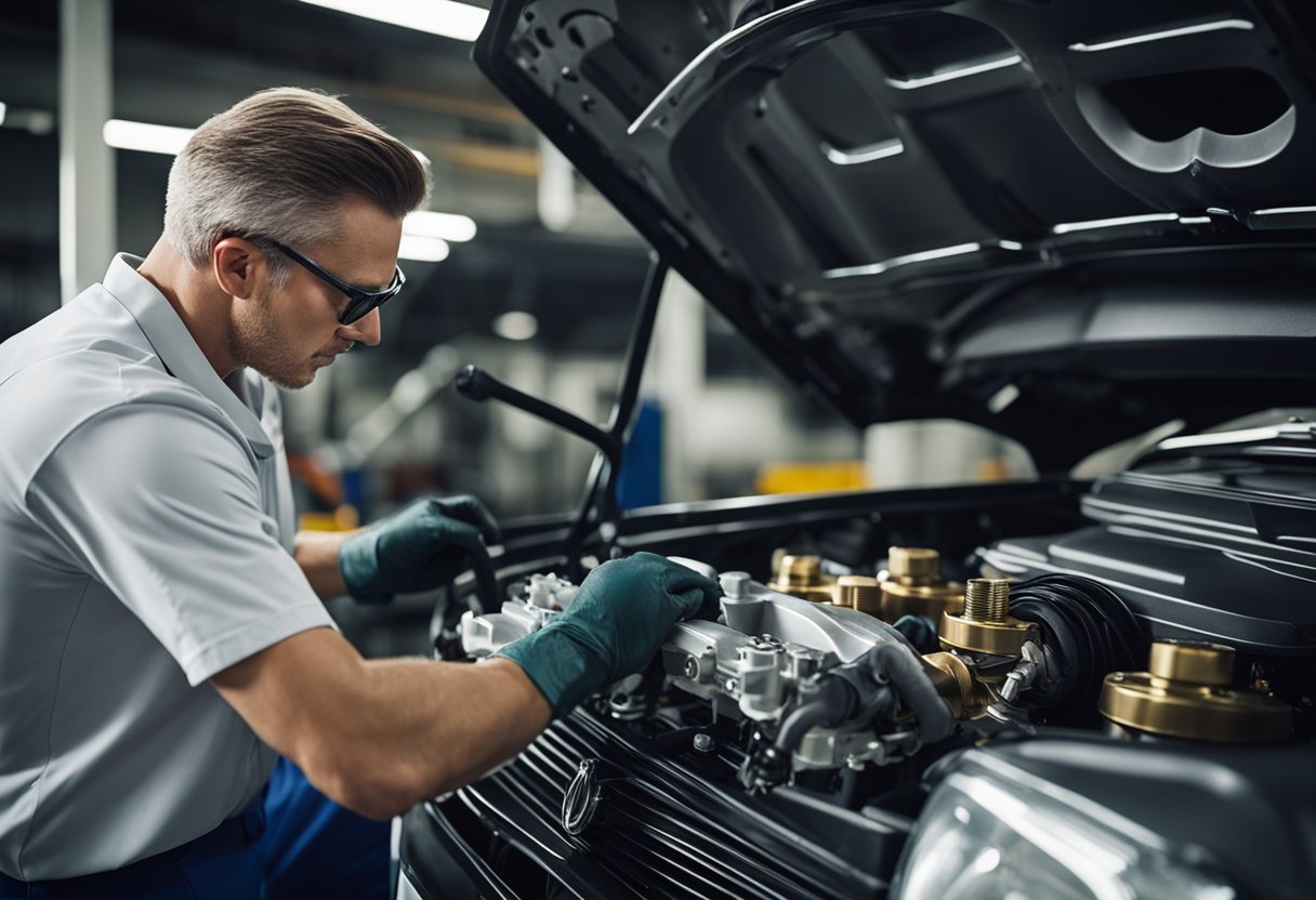 Um mecânico cobre cuidadosamente os componentes sensíveis do motor antes de borrifar desengraxante no motor, garantindo um processo de limpeza seguro e eficiente.