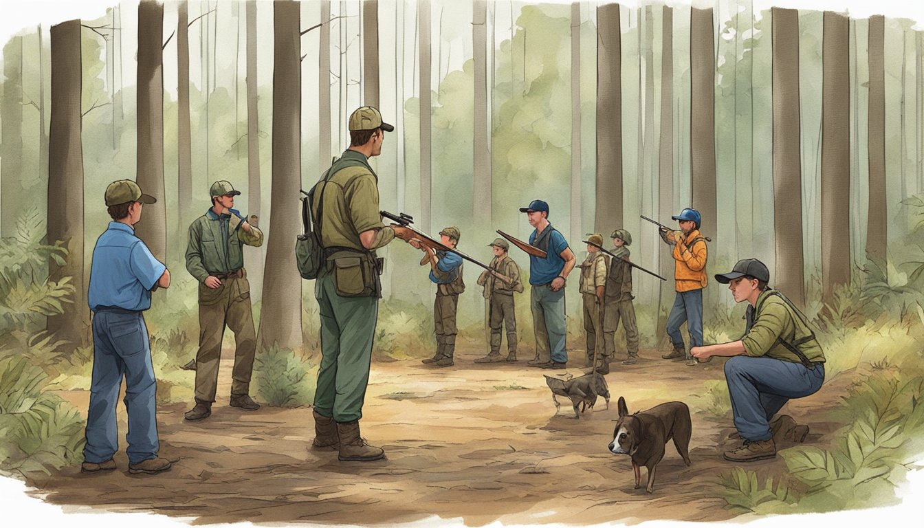 A group of young hunters receiving safety education in a South Carolina forest, with instructors demonstrating proper hunting techniques