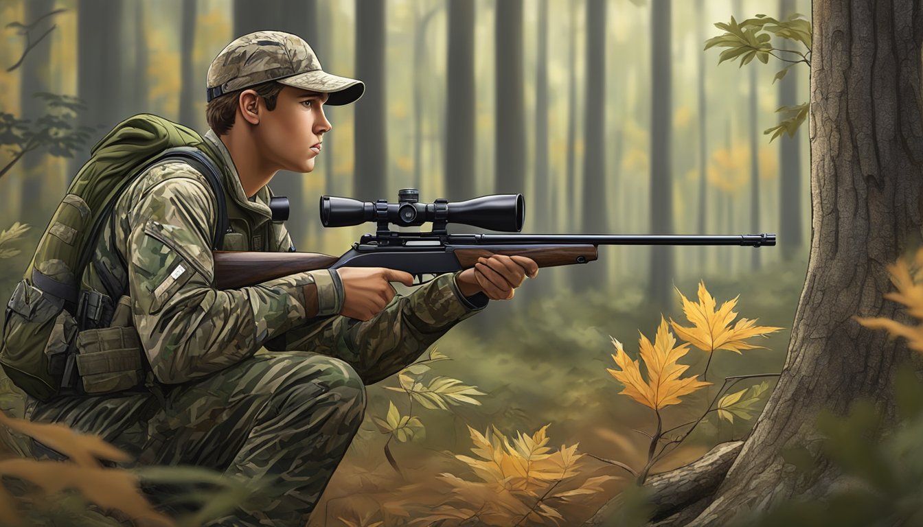 A young hunter in South Carolina using a rifle and camouflage gear to track game through a dense forest