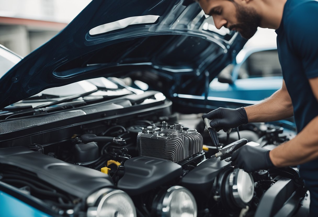 Um mecânico limpa cuidadosamente o motor de um carro com uma escova macia e um spray suave, garantindo que todas as áreas sejam completamente limpas e secas.