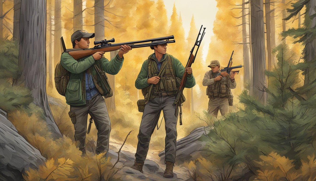 A group of young hunters in Utah tracking through a forest with rifles and hunting gear