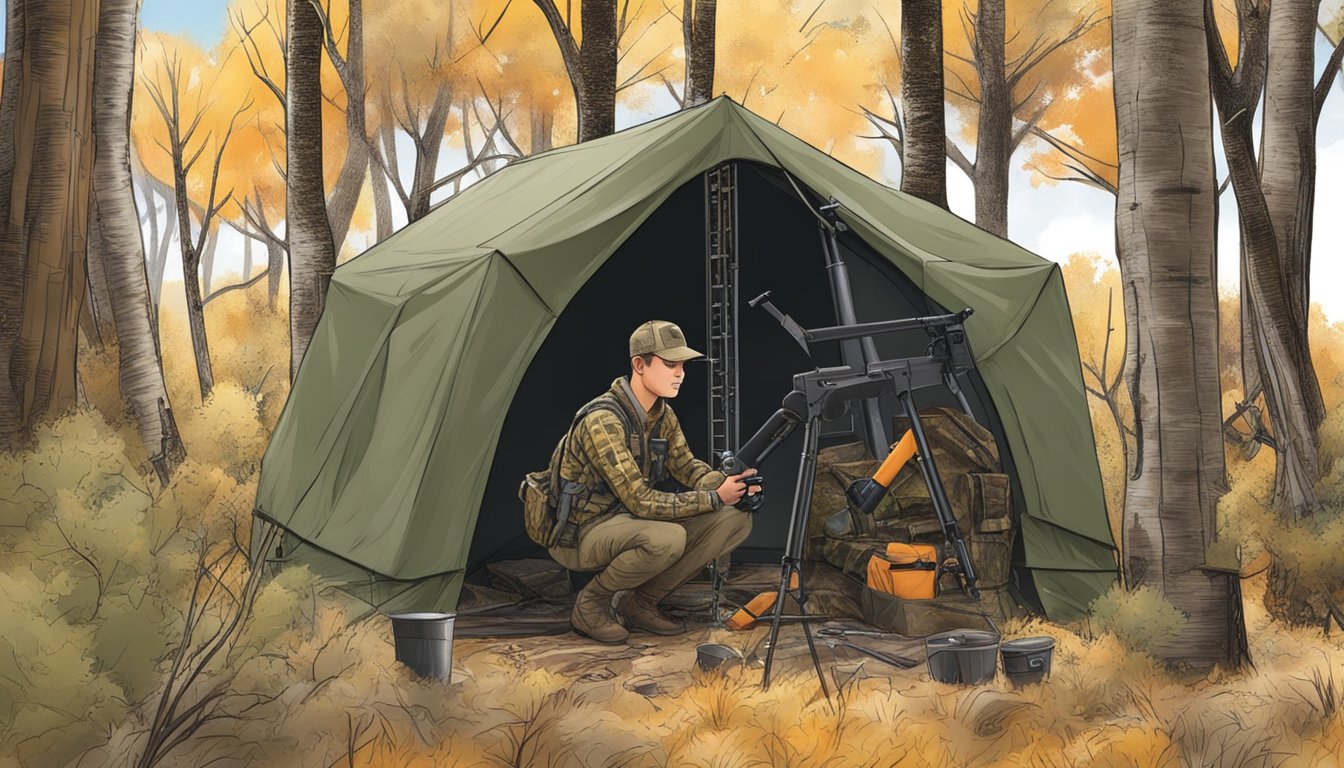 A young hunter in Utah practices setting up a hunting blind in a wooded area, surrounded by gear and tools