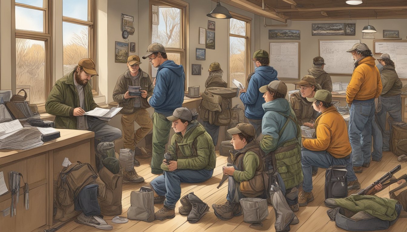 A group of young hunters gather at a Nebraska wildlife office, filling out permits and licenses before heading out for a hunting expedition