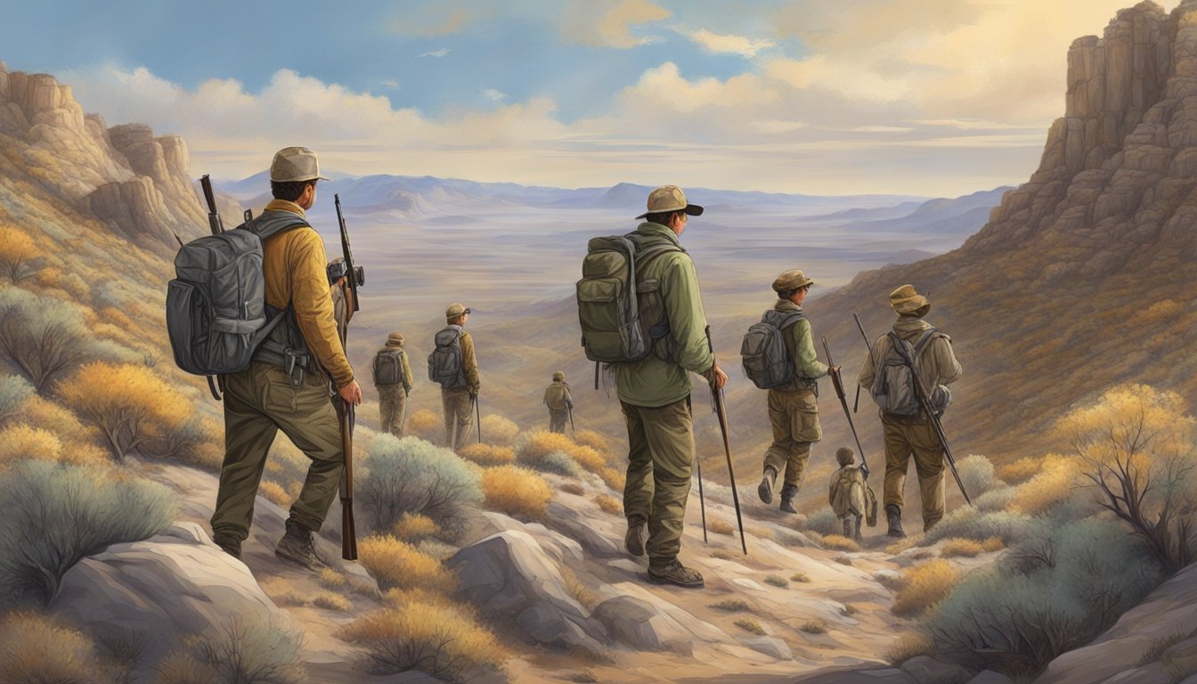 A group of young hunters in Nevada, accompanied by adult supervisors, navigating through a rugged terrain while adhering to legal and regulatory hunting guidelines