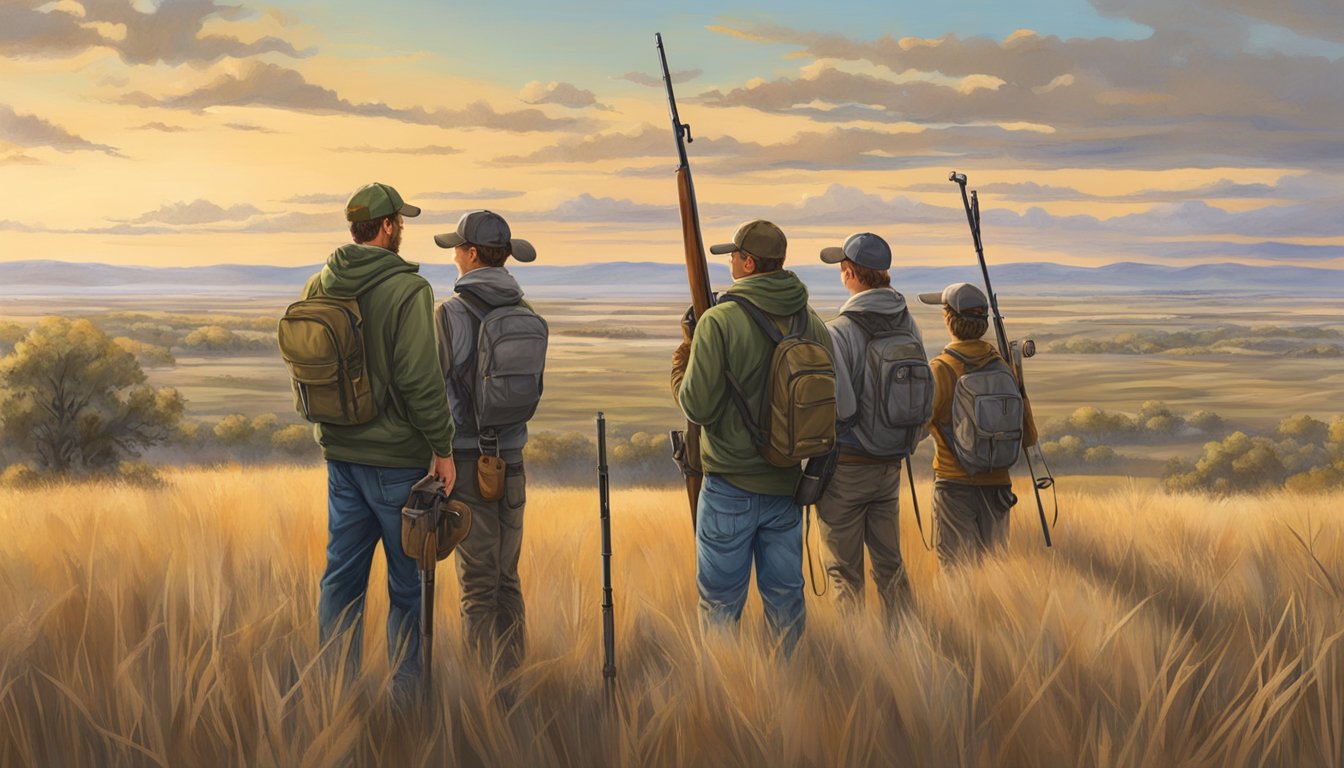 A group of young hunters participate in a wildlife management program in Nebraska, surrounded by rolling plains and abundant wildlife