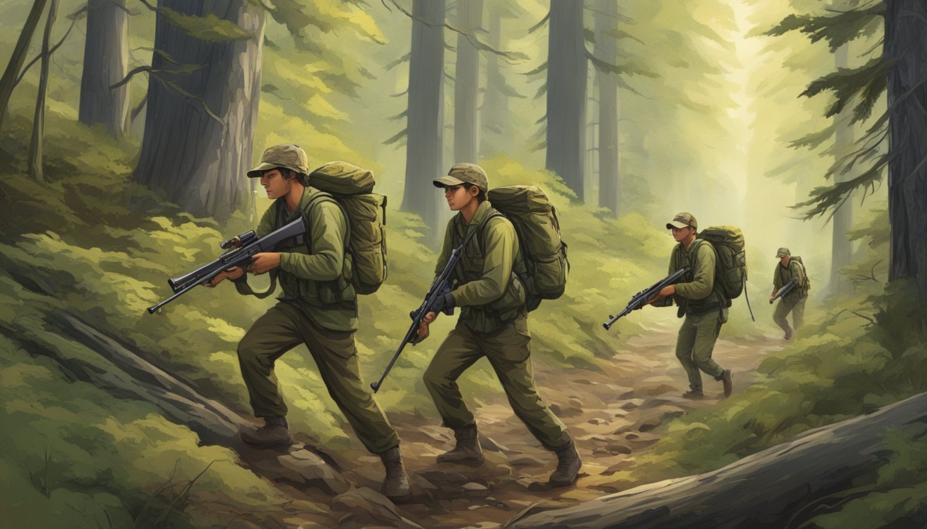 A group of young hunters trek through a dense forest, equipped with rifles and camouflage gear, as they search for game in the Washington wilderness