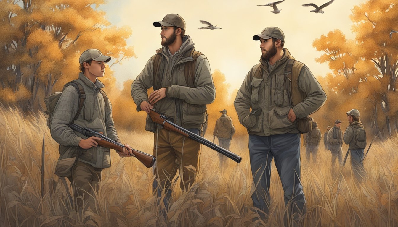 A group of young hunters with their mentors in a Nebraska field, surrounded by trees and wildlife, preparing for a hunting opportunity