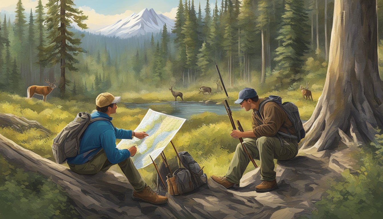 A group of young hunters studying a map with a mentor, surrounded by nature and wildlife in Washington