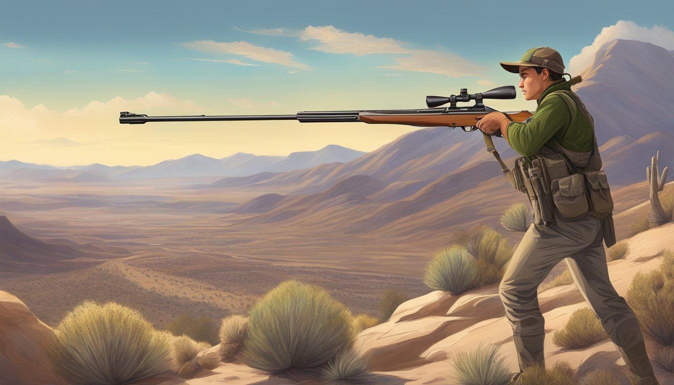 A young hunter in Nevada, aiming a rifle at a target in a desert landscape with mountains in the background