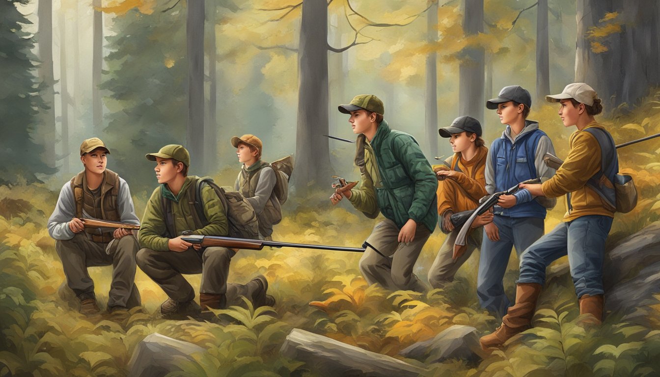 A group of youth hunters in Washington, engaged in various types of hunting games in a natural outdoor setting