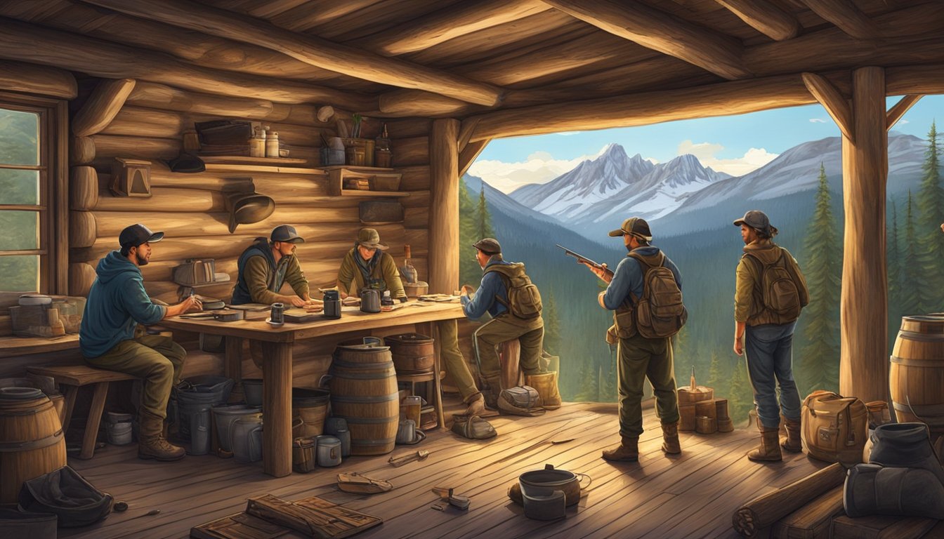 A group of young hunters gather gear and supplies in a rustic cabin, surrounded by forest and mountains, as they prepare for their upcoming hunting adventure in Nevada