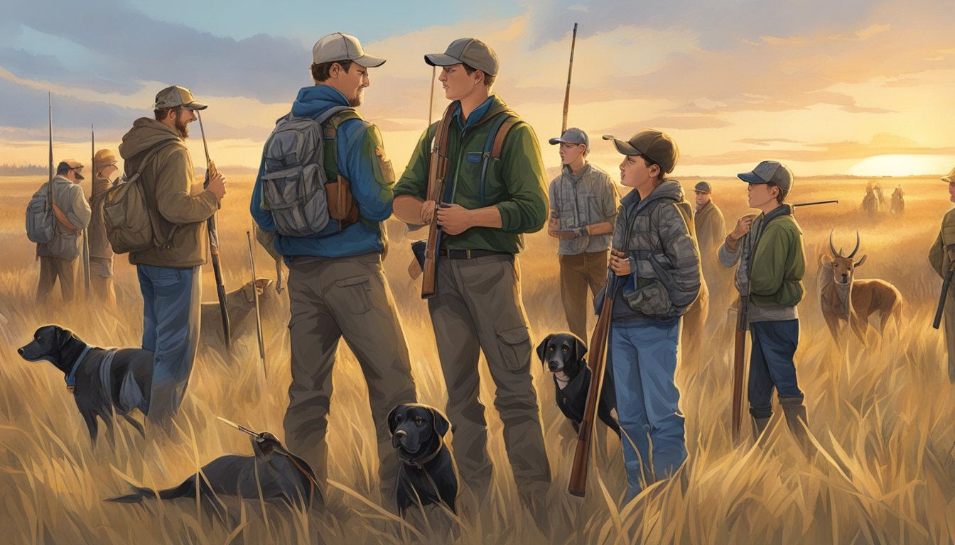 A group of young hunters and adult mentors gather in a Nebraska field, preparing for a community youth hunting event